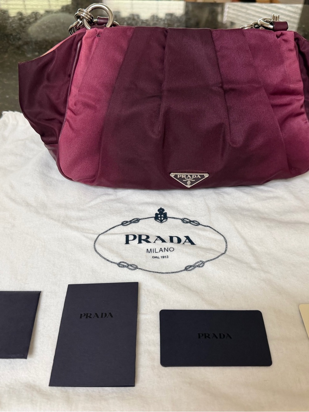 Prada Two-Tone Plum Satin Shoulder Bag with Chain Handles - Picture 8 of 14